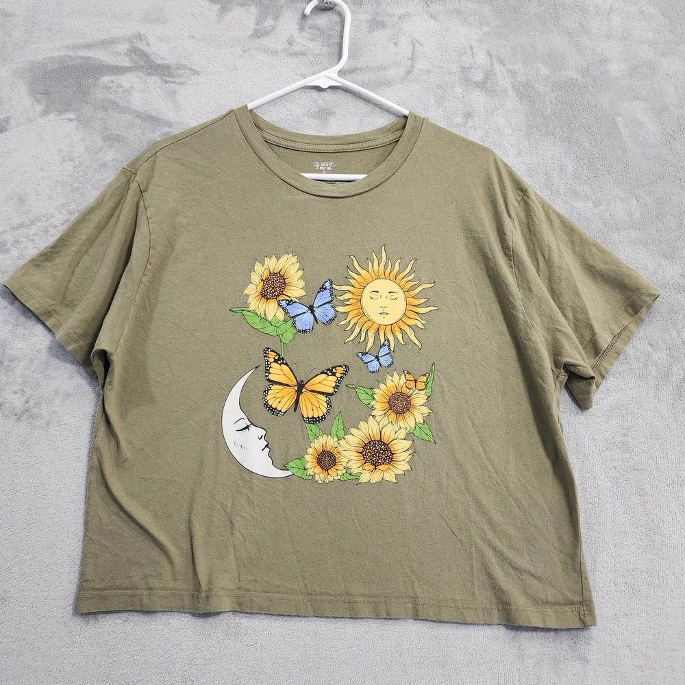 Queen Bees Shirt Womens XL‎ Green Sunflower Moon Butterfly Graphic Crop Tee Boho